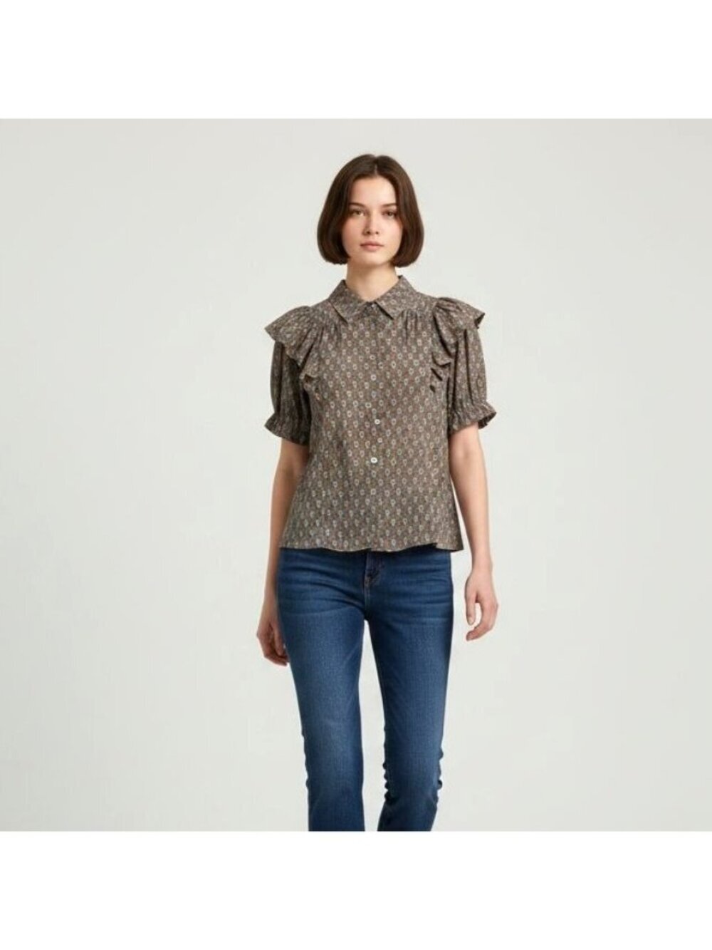 Entro Brown Little Daisies Floral Print Puff Sleeve Button-Up Blouse100% Cotton